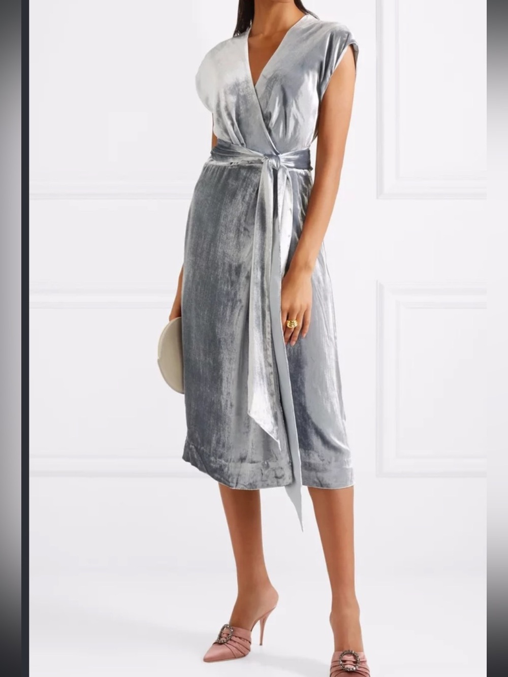 J. Crew Collection Silver Silk Velvet Wrap Midi Dress with Tie Waist
